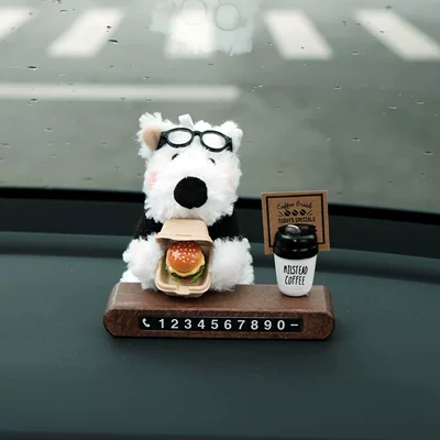 West Highland Cute Car Temporary Parking Number Plate, Car Decoration Accessory (Nömrəli dayanma kartı) - black-glasses-black-sweater-burger-west-highland-coffee-walnut-oval-brand