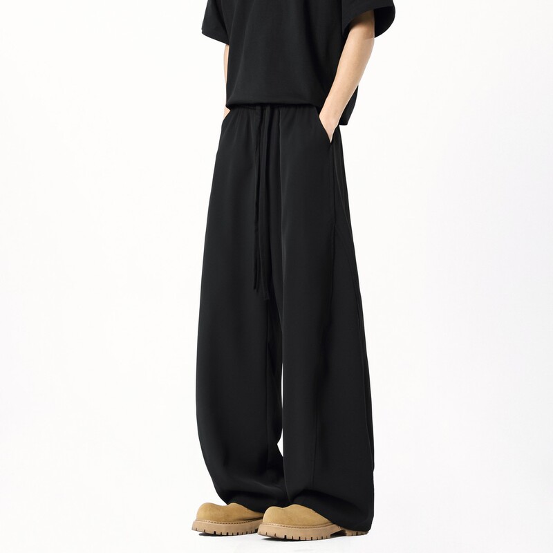 American-Style Curved Pants Casual Black Spring/Summer Versatile Wide-Leg Ice Silk Pants Unisex Long Pants American-Style Curved Pants Casual Black Spring/Summer Versatile Wide-Leg Ice Silk Pants Unisex Long Pants