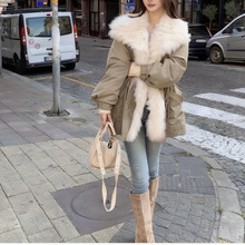 100%狐狸毛90鸭绒派克羽绒服女中长款系带环保皮草外套