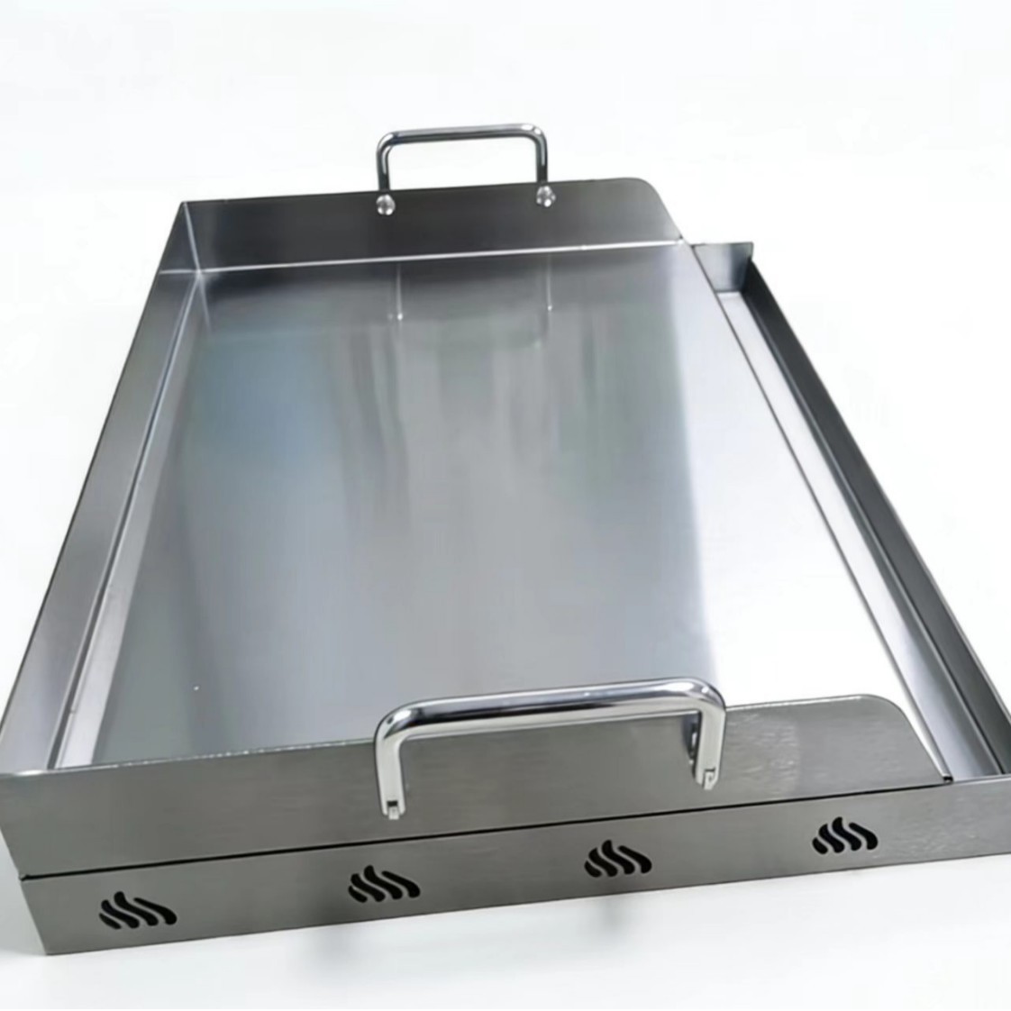 Placa de parrilla de horno de acero inoxidable con inserción de placa superior plana con mango de ranura de grasa para parrilla de gas y carbón