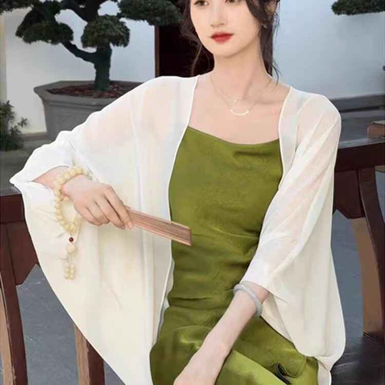 Chiffon Ice Silk Cardigan Jacket 2025 New Sun Protection Shawl Women's Summer Thin Outer Wear with Suspender Skirt Cheongsam Top