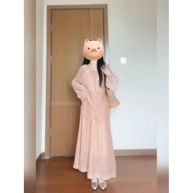 Плюс сайз: женский комплект из длинной рубашки с длинным рукавом и шифоновой юбки в стиле "французская ленивость" для отдыха на море, розовый