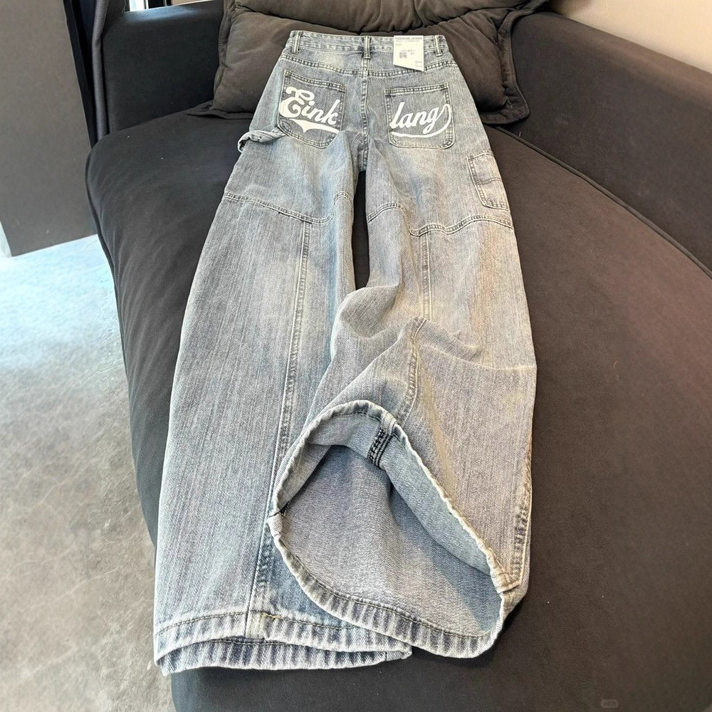 Plus Size American Design Light-Colored Scimitar Jeans for Women Summer New Letter Print Loose Wide-Leg Floor-Length Pants