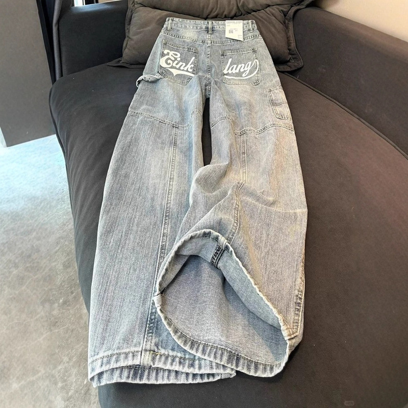 Plus Size American Design Light-Colored Scimitar Jeans for Women Summer New Letter Print Loose Wide-Leg Floor-Length Pants