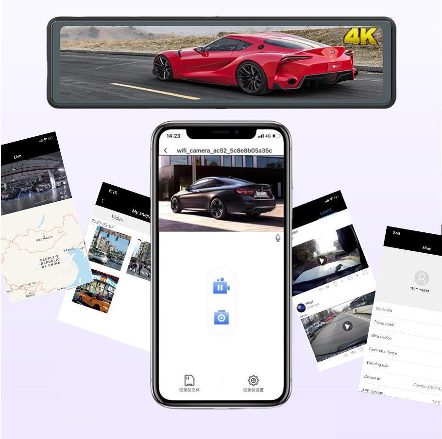 Streaming media driving recorder HD 4K rearview mirror double recording 12-inch reversing image WiFi interconnection GPS