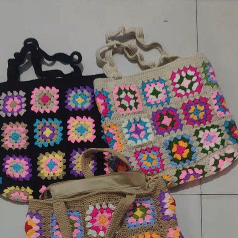 牛奶棉绳编民族花朵毛线包手提棉绳包女黑棕米白混搭钩针女包厂家