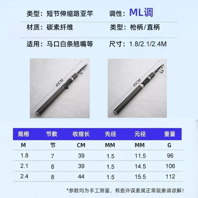 ML retráctil rodilla de sección corta vibración portátil 1.8m 2.1m 2.4m mango recto caña de pesca transfronteriza de carbono