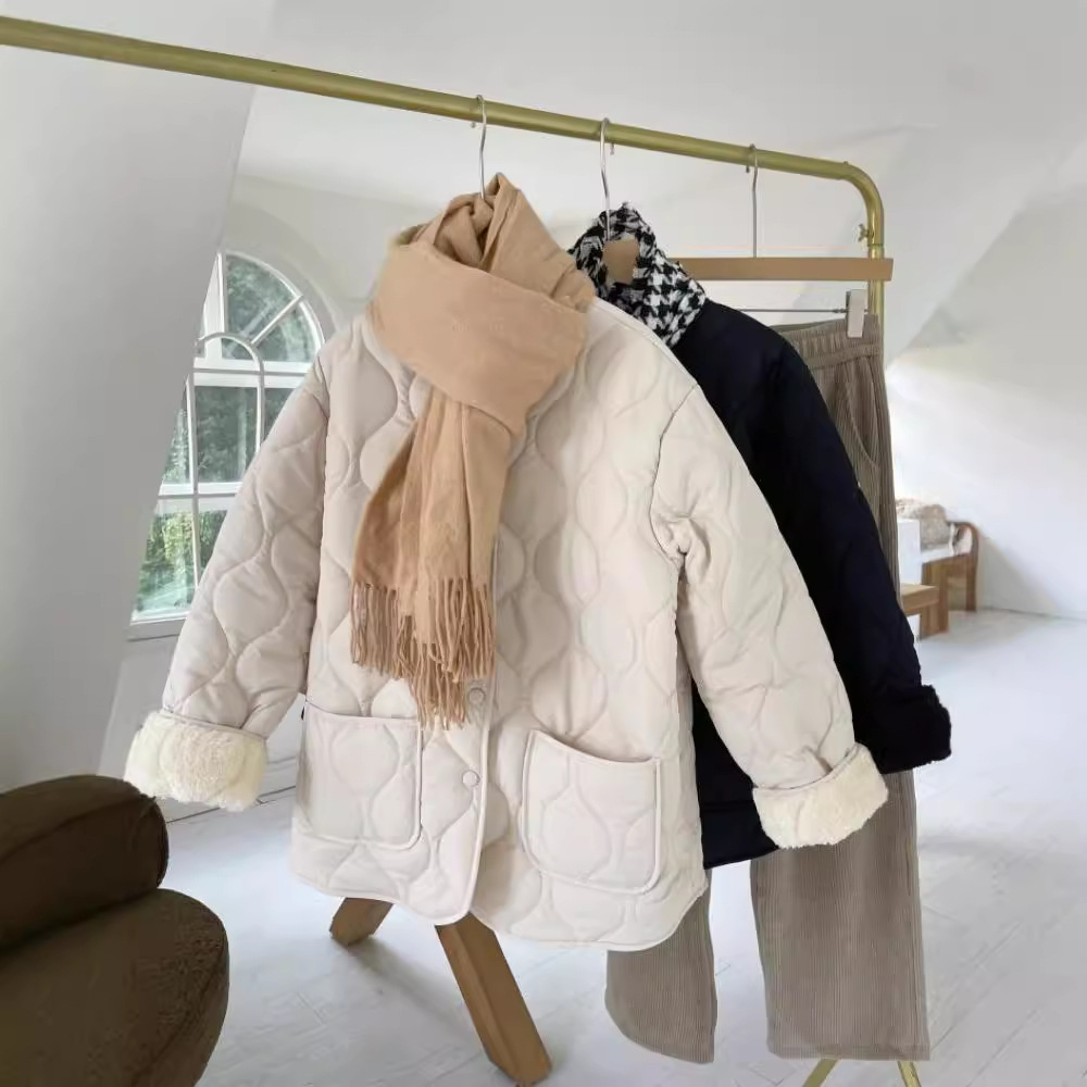 无领加绒拼接轻薄时尚冬季韩版宽松小香风菱格保暖棉衣棉服