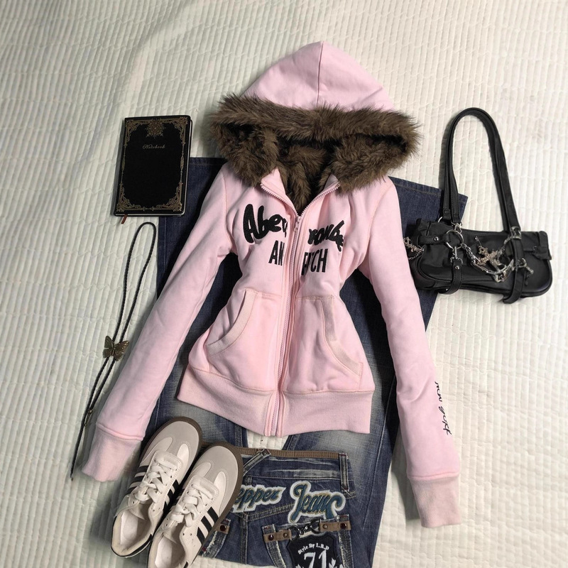 American Hot Girl Y2K Retro Slim Waist Hooded Zipper Jacket for Women with Embroidered Letters for Autumn and Winter Wear with a High-End Feel