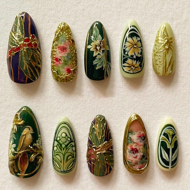 Cross-Border Hot-Selling Pure Handmade European and American Press-On Nails with Sweet and Cool Floral Designs, Sparkling Rhinestones, Contrasting Colors, European Square Shape, Medium Size, Wholesale