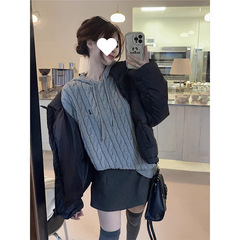 灰色浣熊绒麻花连帽套头毛衣女秋冬加厚宽松慵懒风外穿羊毛针织衫
