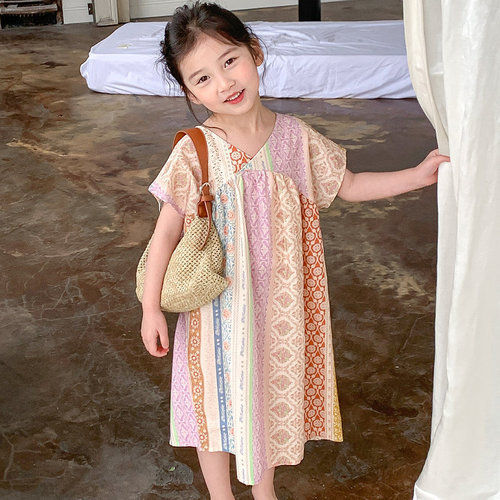 Girls skirt ethnic style V-neck dress princess skirt 24 summer clothes new foreign trade children's clothing drop shipping 3-8 years old
