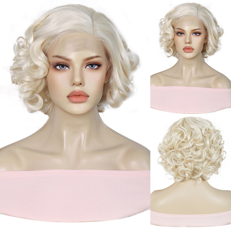 Marilyn Monroe Wig European and American White Golden Ladies Front Lace Chemical Fiber Wig Fashionable Wavy Short Curly Hair