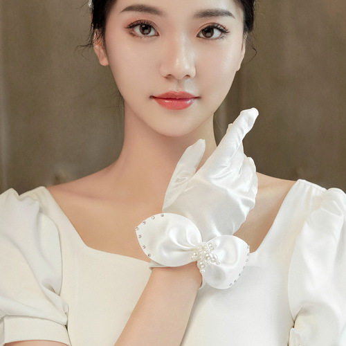 Lace Bridal Gloves White Women's Thin Spring Autumn and Summer Photography Korean Wedding Dress Fairy Pearl Wedding Gloves