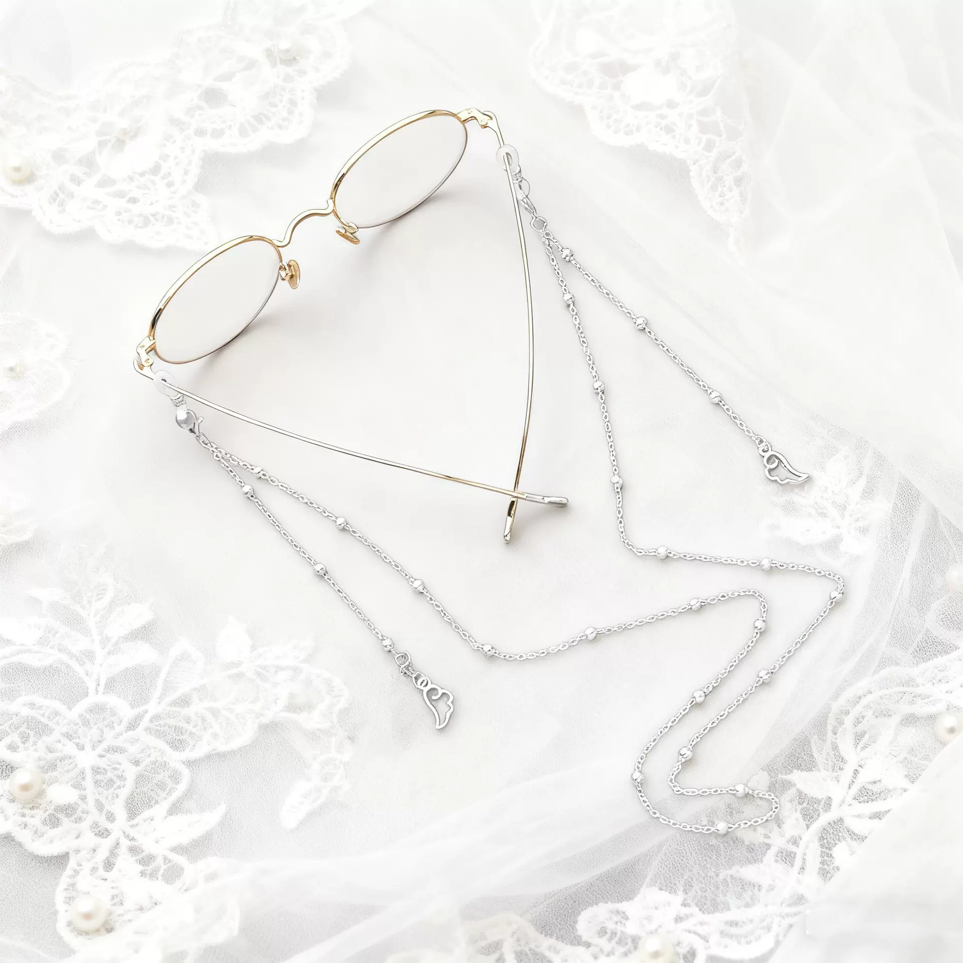 欧美跨境饰品 新款天使翅膀眼镜链 个性气质圆珠链条口罩面罩配饰