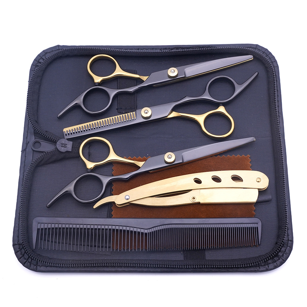 Fábrica directa de tijeras de corte de pelo de oro negro, tijeras de corte de pelo planas especiales, tijeras de corte de pelo delgadas, set de tijeras de corte de pelo domésticas