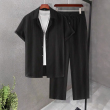 新款跨境亚马逊男士夏威夷休闲商务数码印花短袖长裤衬衫套装