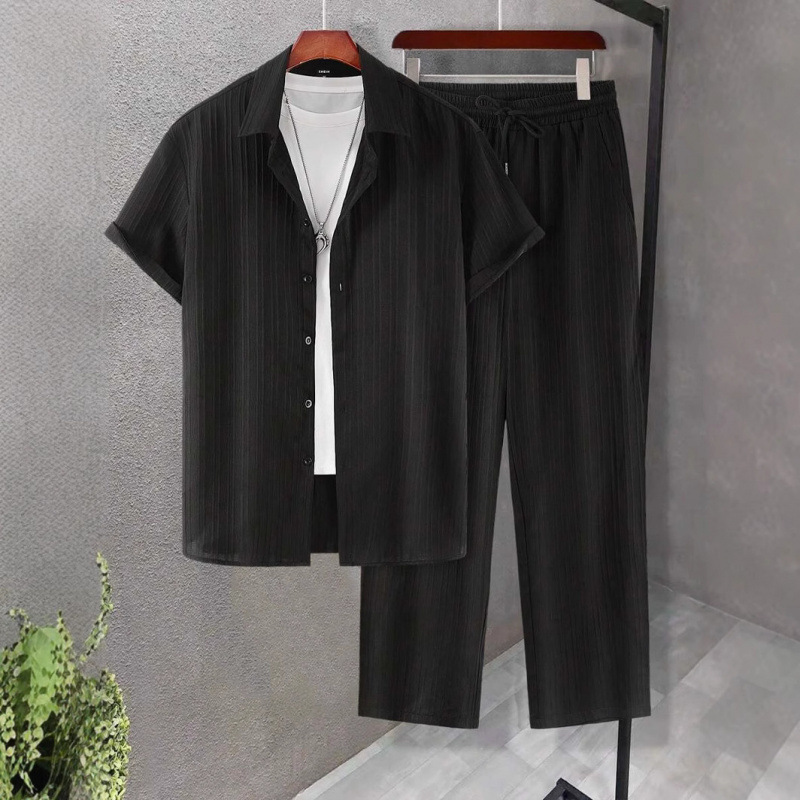 新款跨境亚马逊男士夏威夷休闲商务数码印花短袖长裤衬衫套装