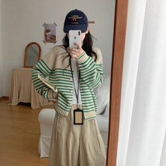 韩版拼色圆领条纹撞色针织开衫女2025秋冬季新款宽松百搭毛衣外套