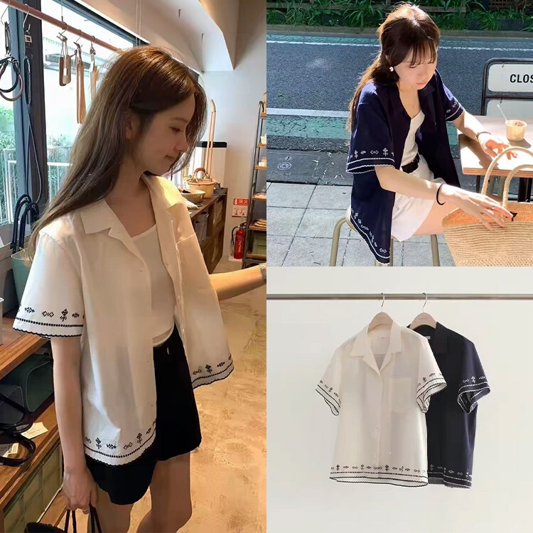 Sc Korean-Style Embroidered Lace Short-Sleeve Shirt Dongdaemun Summer New Retro Slim-Fit Top for Women Sc Korean-Style Embroidered Lace Short-Sleeve Shirt Dongdaemun Summer New Retro Slim-Fit Top for Women