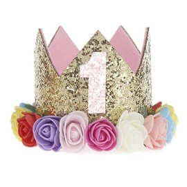 1周岁皇冠生日帽数字金粉仿真花儿童皇冠头饰儿童成人蛋糕派对帽