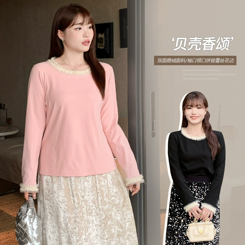 65091丨Рубашка с кружевным воротником, немецкая бархатная утолщенная нижняя рубашка, весенняя рубашка для полных мм, женский утягивающий внутренний топ больших размеров