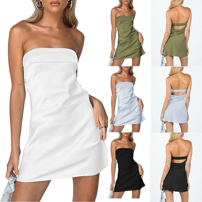 Women Satin Silk Backless Strapless Mini Dress Sexy Low Back Tube Top Club Party Dress