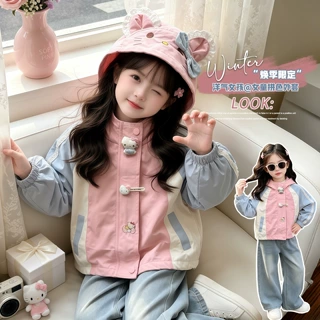 女童KT猫冲锋衣外套秋装2026新款女宝宝连帽风衣儿童防风休闲上衣