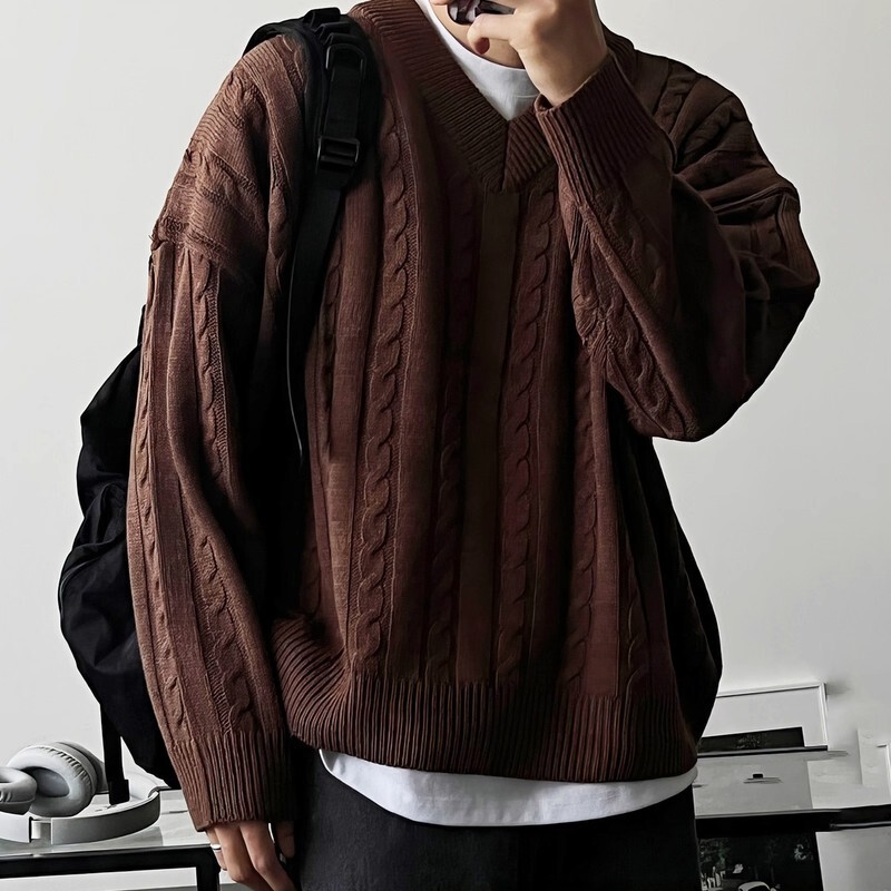 Brown V Neck Hemp Pattern Knitwear Men's Autum Maillard Retro Casual Pullover Knitwear Lazy Bottoming Shirt Brown V Neck Hemp Pattern Knitwear Men's Autum Maillard Retro Casual Pullover Knitwear Lazy Bottoming Shirt