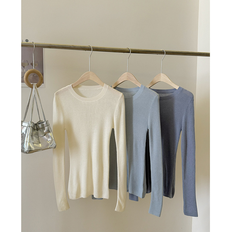 South Korea's Dongdaemun Ok*Ce Round Neck Long-Sleeved High-Elastic Bottoming Knitwear with a Western-Style Soft Waxy T-Shirt Top