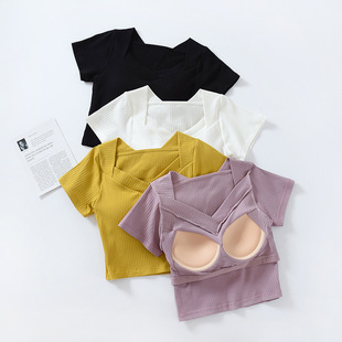Short-sleeved V-neck T-shirt with chest pad, high waist underwear, underwear, wear-free bra, Cup, one-piece top