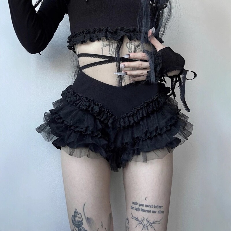 Jfl38980 Dark Style Mesh See-Through Casual Pants for Women Summer Low-Waist Fashion Tight Slimming Look Sexy Shorts