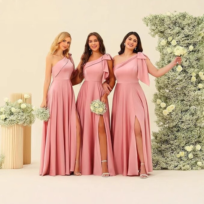 New Style Single-Shoulder Bridesmaid Dress for Women with Bow, Long Ball Gown, Satin Formal Dress with Elegant Side Slit New Style Single-Shoulder Bridesmaid Dress for Women with Bow, Long Ball Gown, Satin Formal Dress with Elegant Side Slit