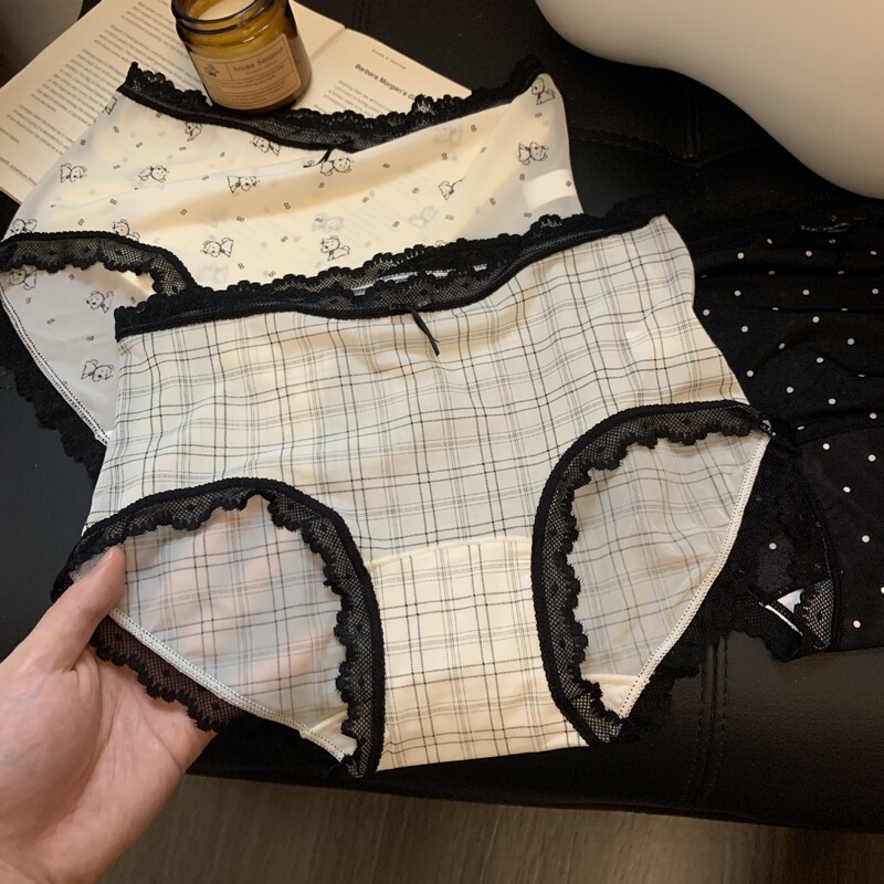Leopard Print Ultra-Thin Sexy Panties for Women, French Style Pure Desire Mid-Waist Plaid Floral Girl's Ice Silk Seamless Panties