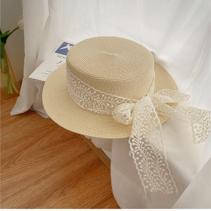 Japanese Style Fresh Style Pastoral Style Fashionable All-match Flat Top Lace Sunshade Hat Women's Straw Weaving Travel Sun Hat Sunscreen