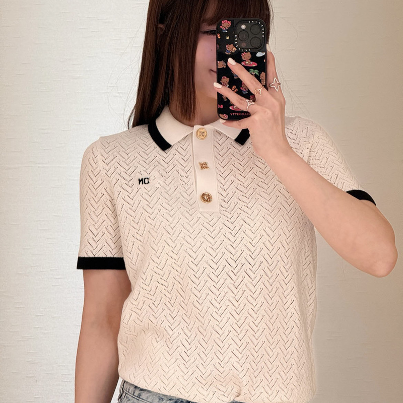 Newly Launched Nanyou Haute Couture 26 Summer New Model, Classic Design Hollow-Out Knit Short-Sleeve Top with a Turn-Down Collar