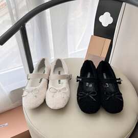 气质复古蝴蝶结皮扣羊皮毛一体玛丽珍鞋女时尚百搭走秀款浅口单鞋