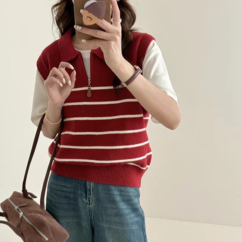 学院风半拉链条纹翻领针织马甲女2025年秋冬叠穿软糯显瘦毛衣背心|undefined
