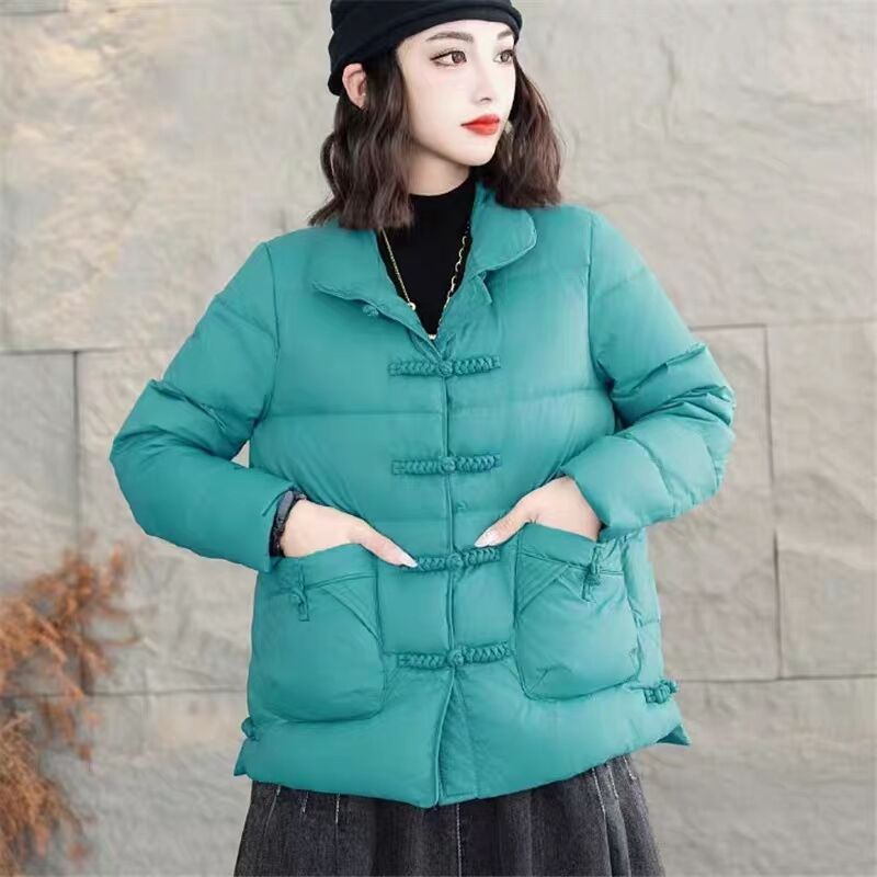 New Chinese Style White Duck down Jacket for Women Winter New Loose Retro Ethnic Style Disc Button Warm Jacket