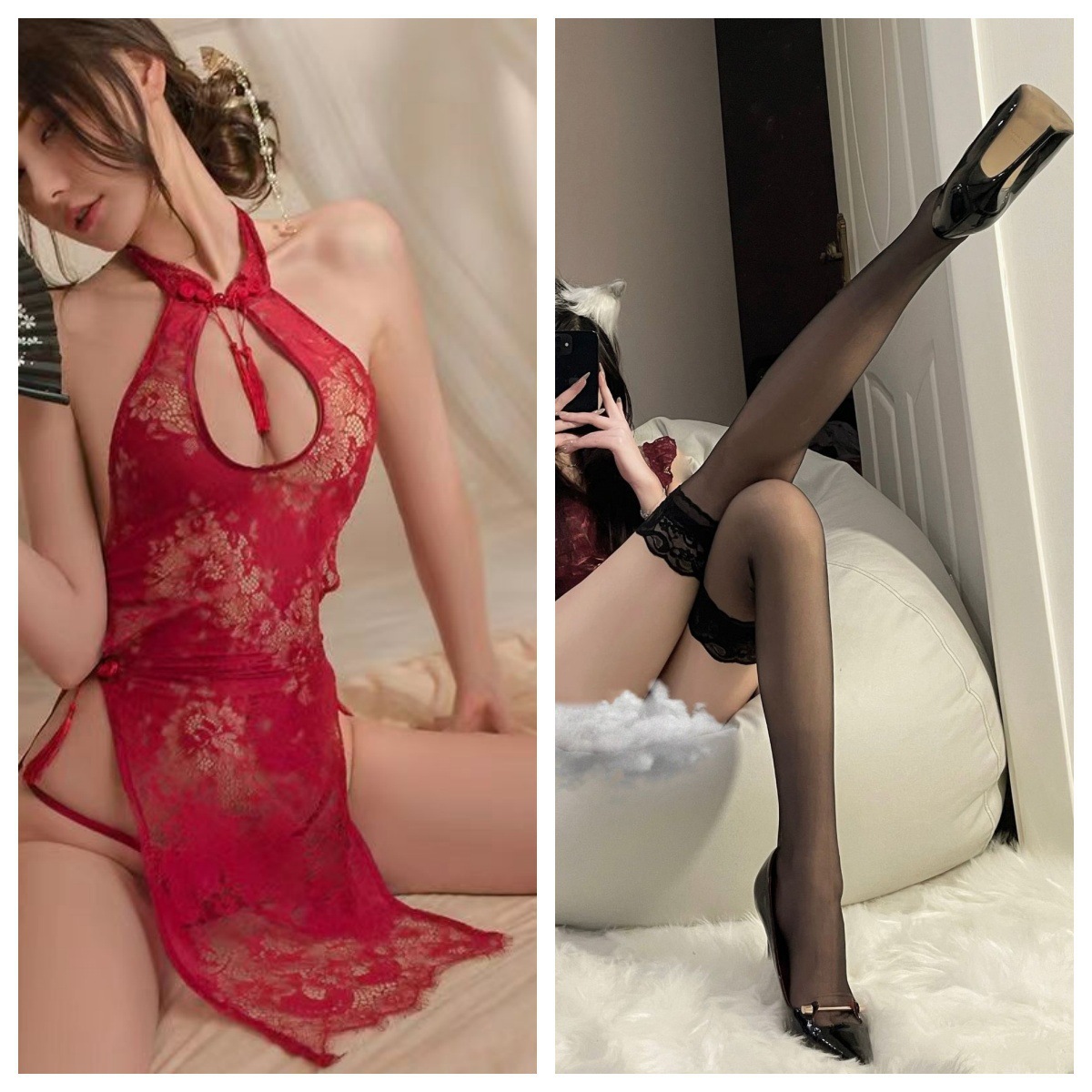 와인 레드 치파오 + 블랙 스타킹