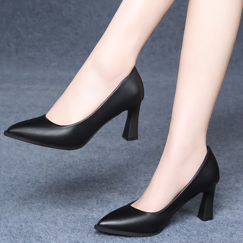 Soft Leather Non-Slip Work Shoes Women's Shoes Black Etiquette Professional Interview High Heels Medium Heel Work Leather Shoes Dropshipping