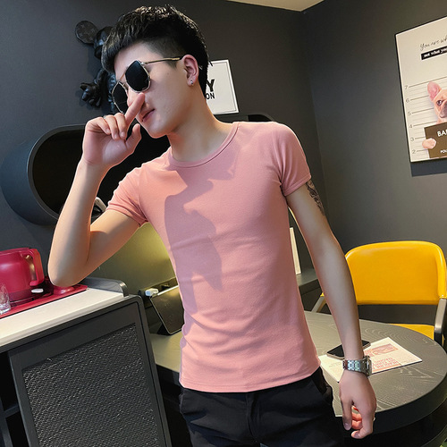 Summer men's t-shirt base shirt short sleeve slim fit half sleeve tight personalized fast fashion trendy round neck plain color versatile Instagram