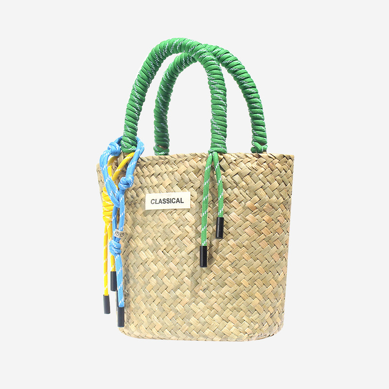Summer Retro Rattan Handle Woven Basket Handmade Woven Bag Women's Handbag Beach Bag Large Capacity Fashionable Vegetable Basket