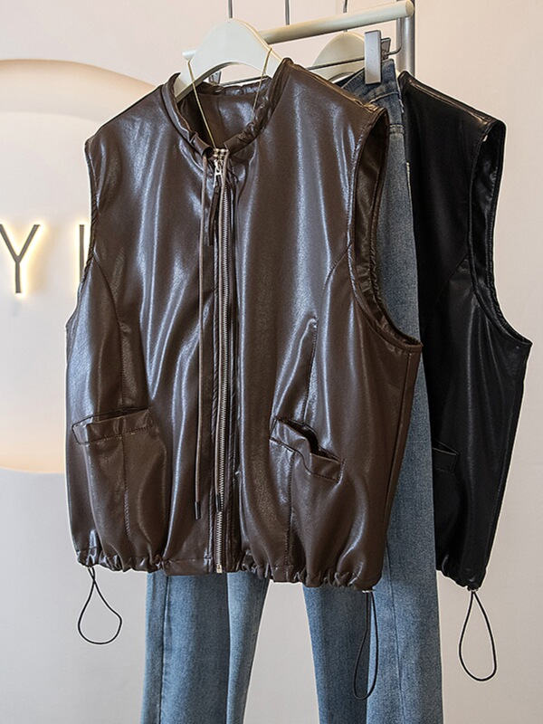 Leather Vest Jacket for Women Spring and Autumn Plus Size Fat Design Short Drawstring Top Jacket Motorcycle Jacket