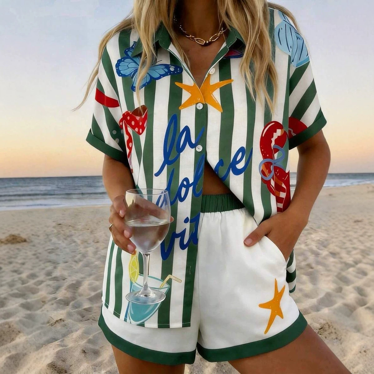 Women's Resort Style Short Sleeve Shirt And Shorts Set - Floral Print Collared Vacation Outfit For Summer_voghion.com