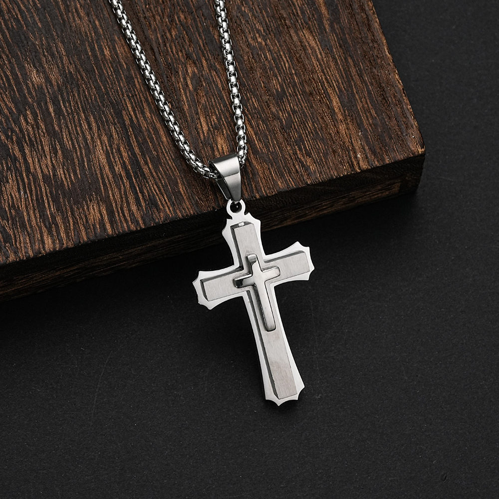 European And American Hip-Hop Retro Men's Cross Titanium Necklace Trendy Three-Layer Stainless Steel Pendant Jewelry_voghion.com