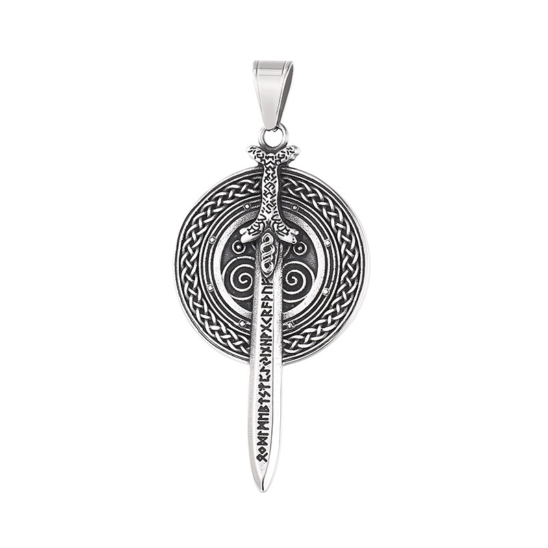 Vintage Nordic Cross Celtic Knot Amulet Ornament Viking Warrior Sword Shield Stainless Steel Men's Pendant_voghion.com