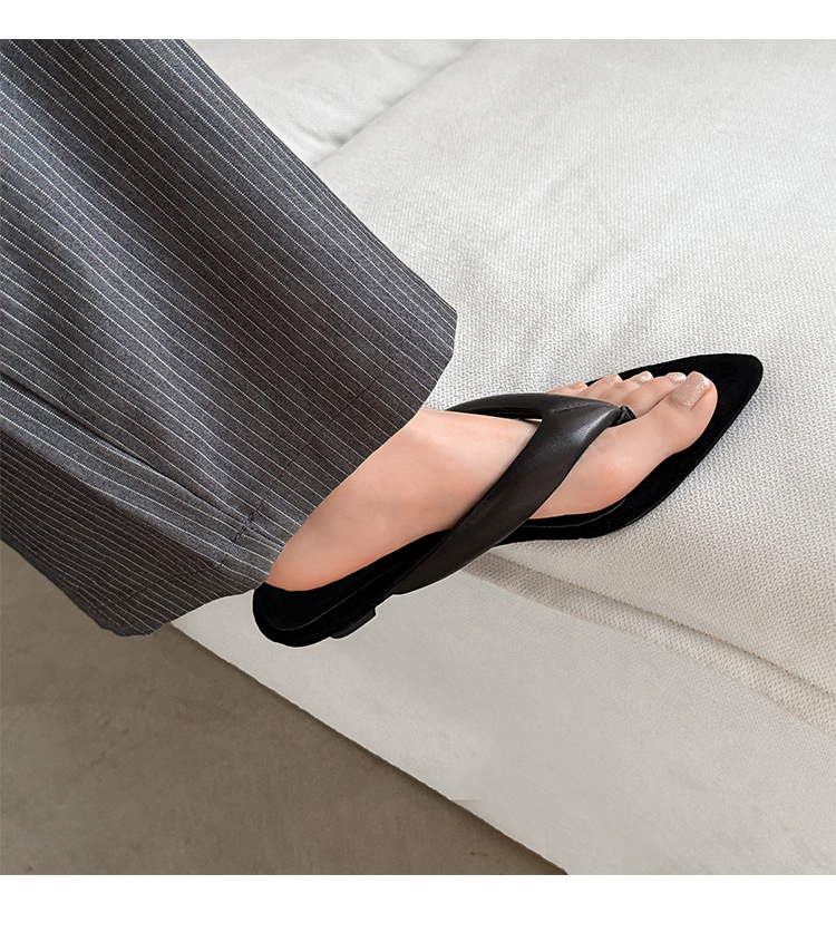 Dép xỏ ngón nữ mũi nhọn da dê, gót chéo 3 cm, phong cách Hàn Quốc — màu nâu chi tiết 23