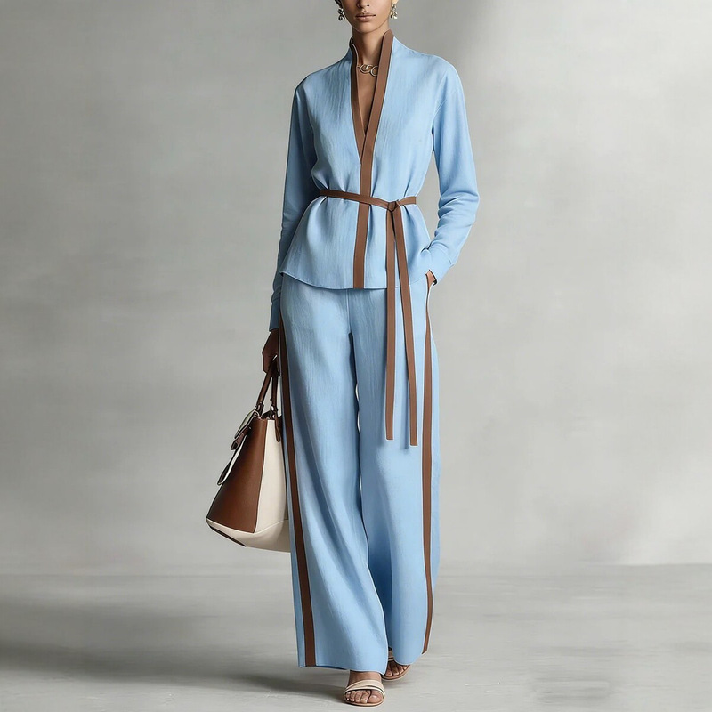 2026 European and American Cross-Border Casual Suit for Women, Spring and Summer Color-Blocking Stand-Collar Cardigan Shirt and Wide-Leg Pants Two-Piece Set