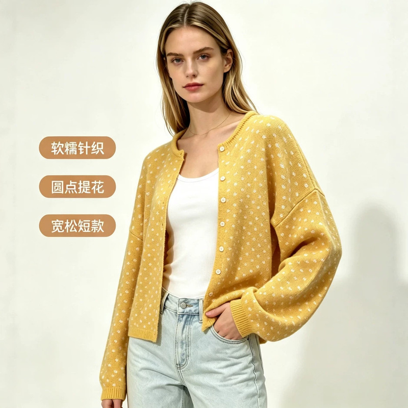 European and American Style Polka Dot Jacquard Knit Cardigan for Women, Round Neck, Loose Fit, Short Style, Soft and Cozy, Long Sleeve, Single-Breasted Sweater Coat European and American Style Polka Dot Jacquard Knit Cardigan for Women, Round Neck, Loose Fit, Short Style, Soft and Cozy, Long Sleeve, Single-Breasted Sweater Coat